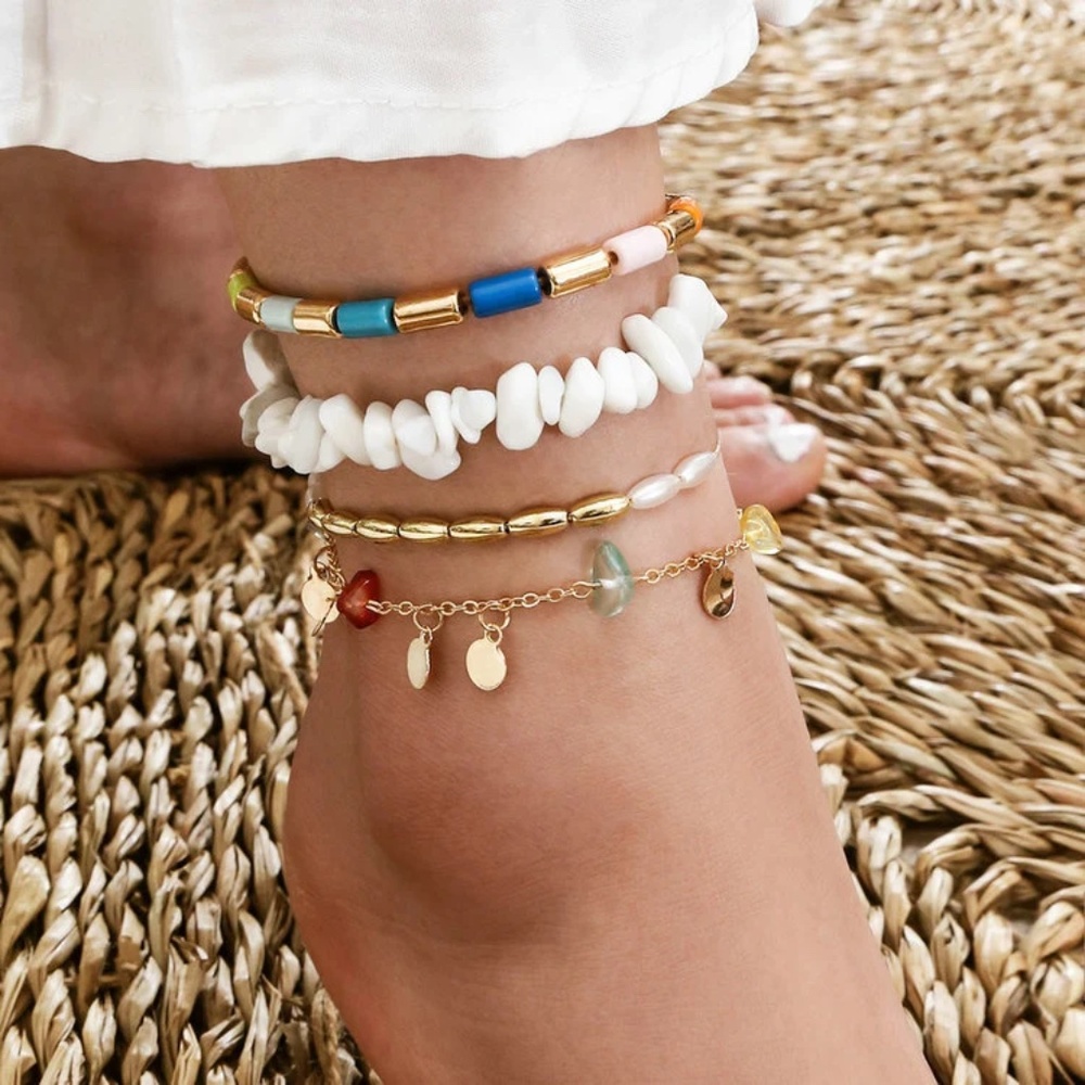 Caribbean Style 5 pcs Layered Disc Charm Stone Beads Anklet Set
